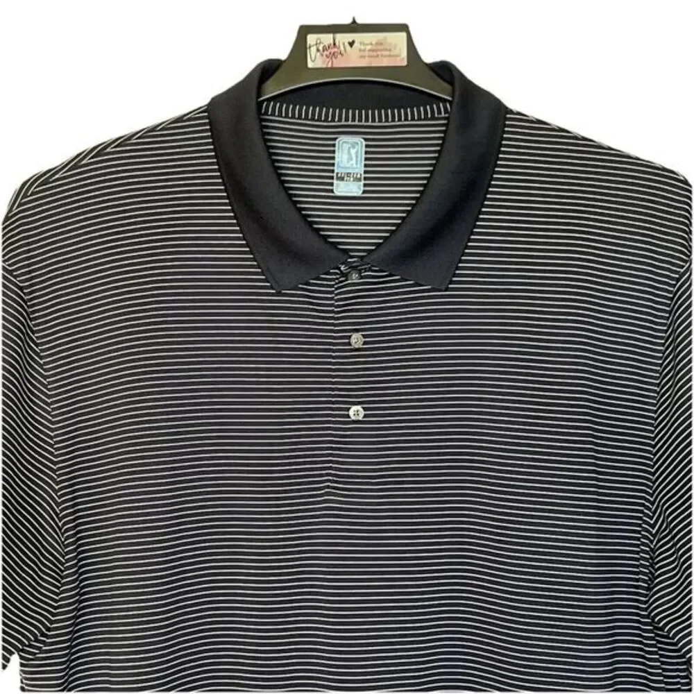 Mens PGA Tour Men's Size XXL Polo Blue/White Striped Short Sleeve Logo Polyester